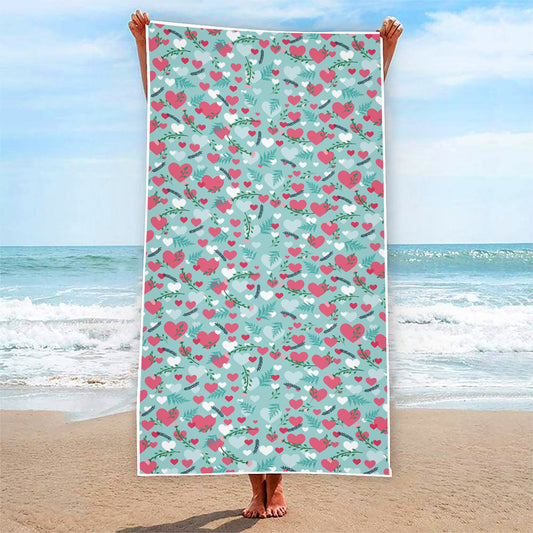 Valentine's Day Heart And Flower Print Beach Towel