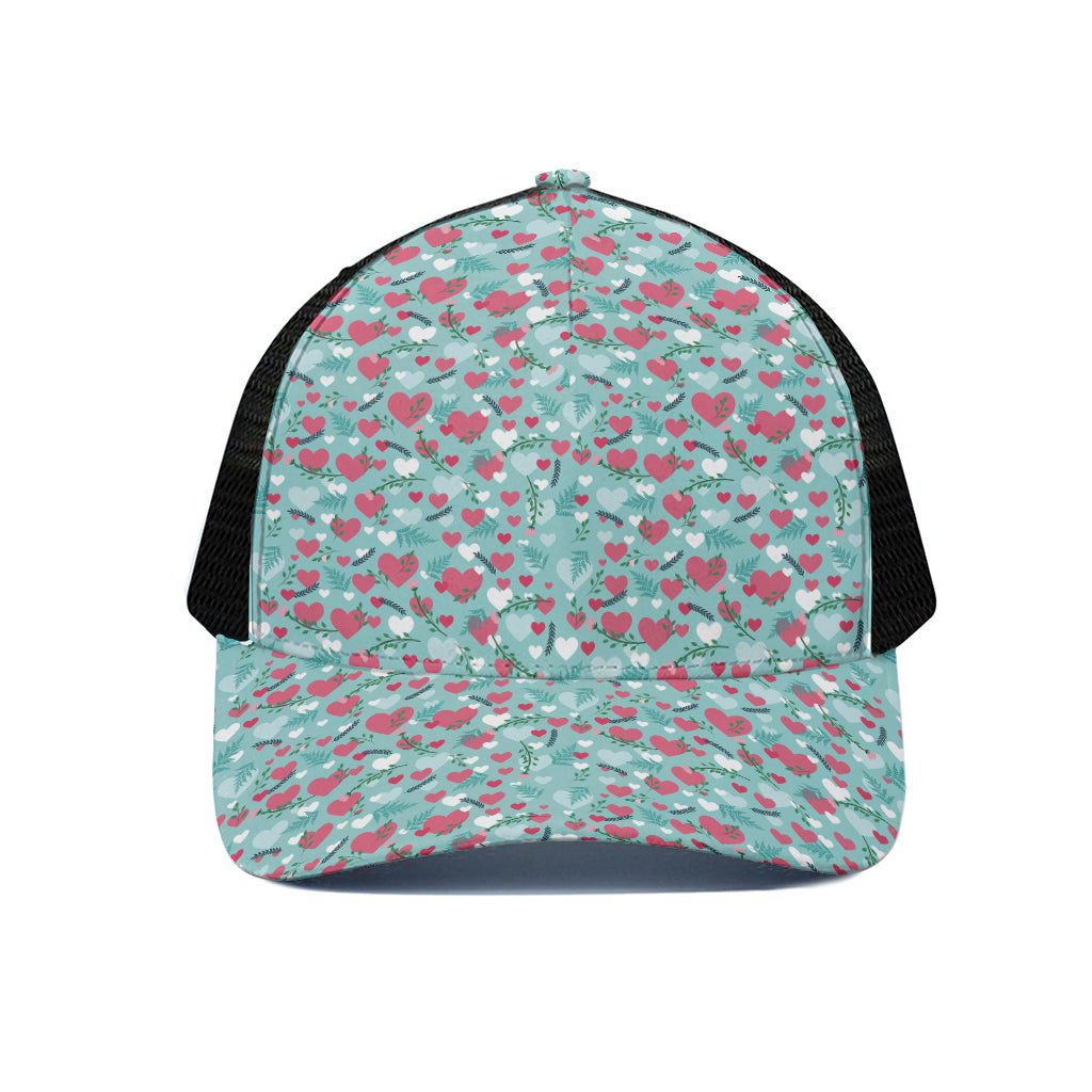 Valentine's Day Heart And Flower Print Black Mesh Trucker Cap