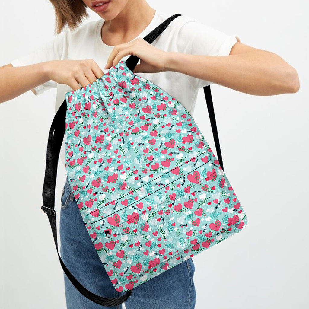 Valentine's Day Heart And Flower Print Drawstring Backpack