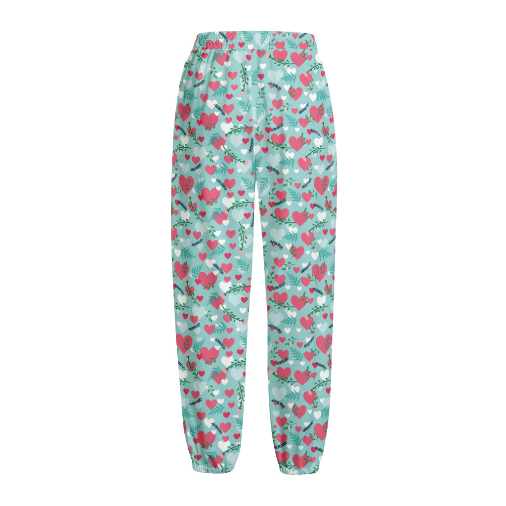 Valentine's Day Heart And Flower Print Fleece Lined Knit Pants