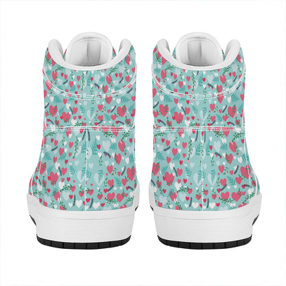Valentine's Day Heart And Flower Print High Top Leather Sneakers