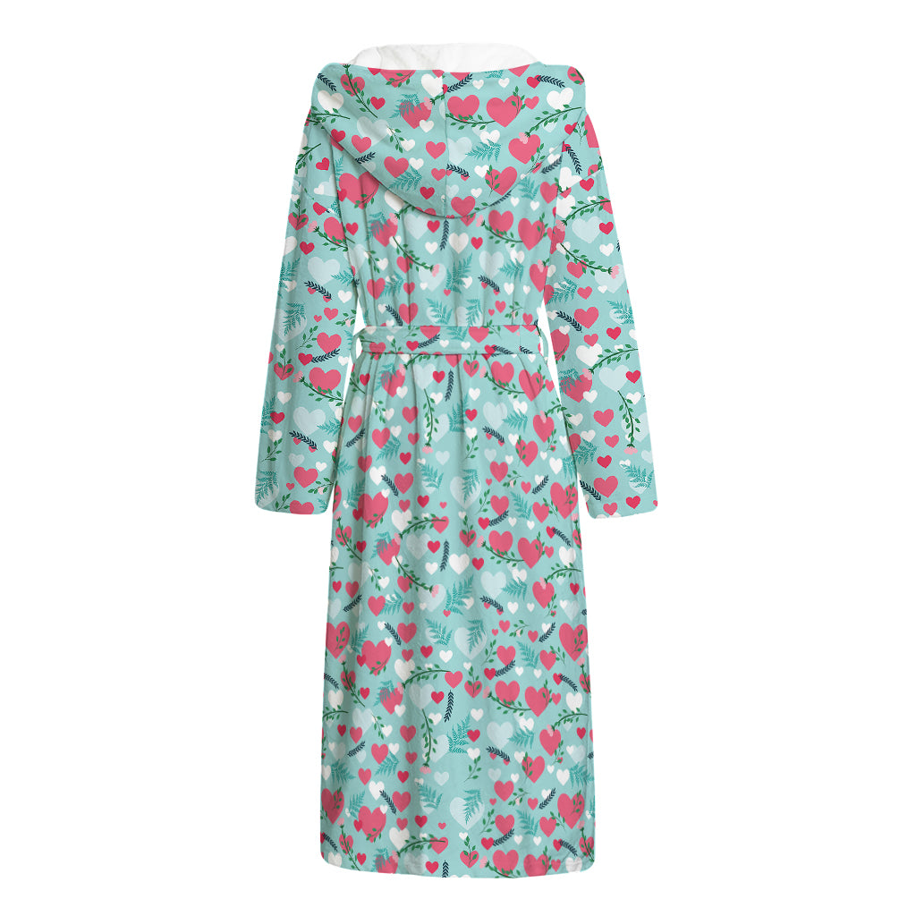 Valentine's Day Heart And Flower Print Hooded Bathrobe