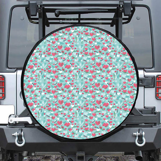 Valentine's Day Heart And Flower Print Leather Spare Tire Cover
