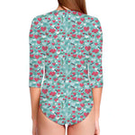 Valentine's Day Heart And Flower Print Long Sleeve Swimsuit