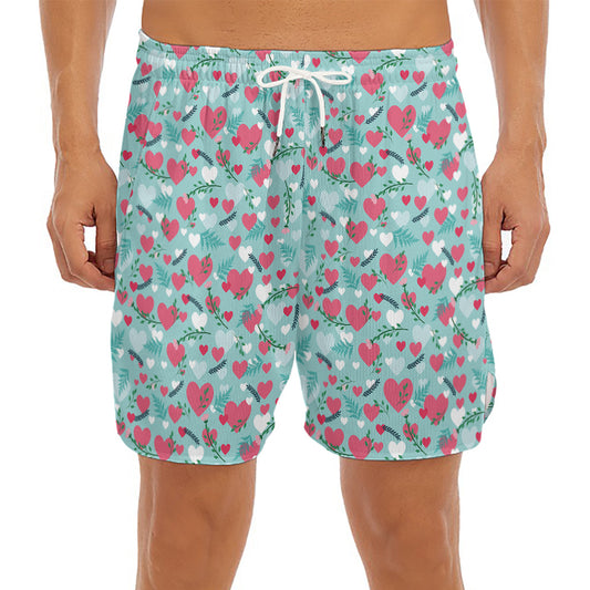 Valentine's Day Heart And Flower Print Men's Split Running Shorts