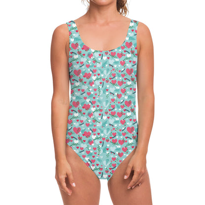Valentine's Day Heart And Flower Print One Piece Swimsuit
