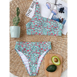 Valentine's Day Heart And Flower Print One Shoulder Bikini Top
