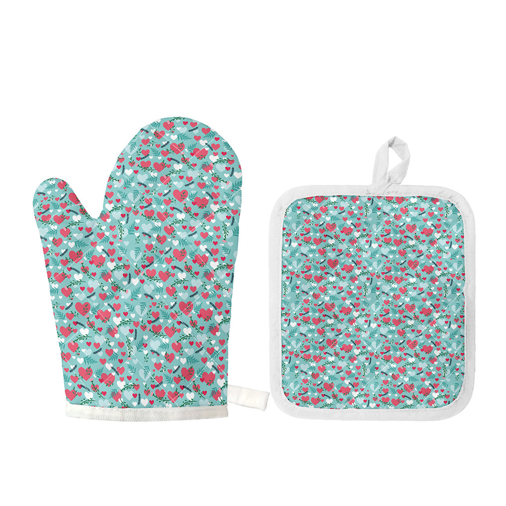 Valentine's Day Heart And Flower Print Oven Mitt And Pot Holder Set