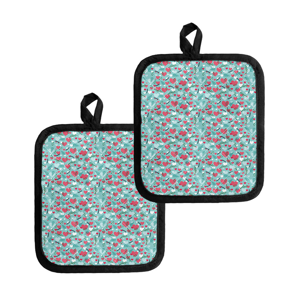 Valentine's Day Heart And Flower Print Pot Holders