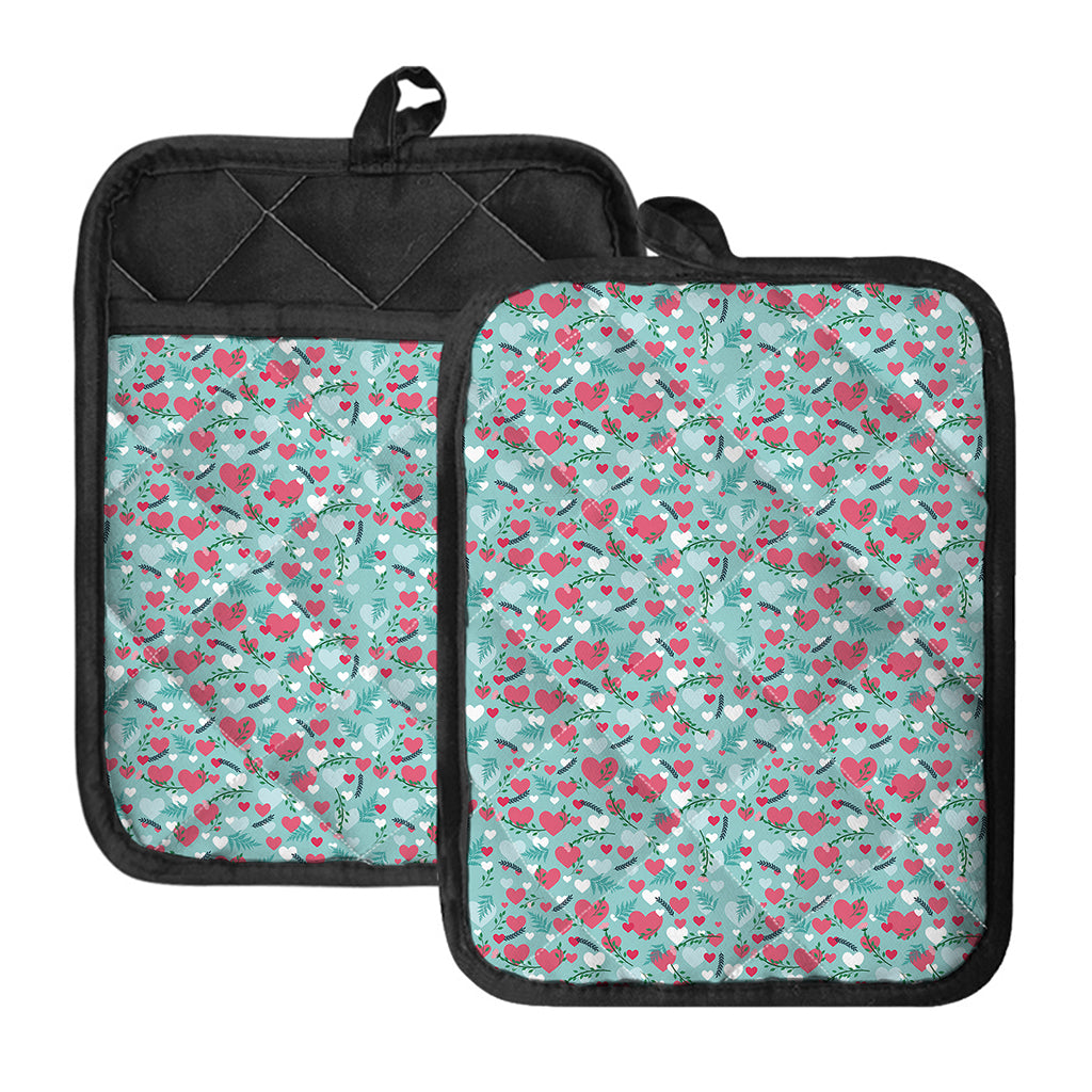 Valentine's Day Heart And Flower Print Pot Holders With Pocket