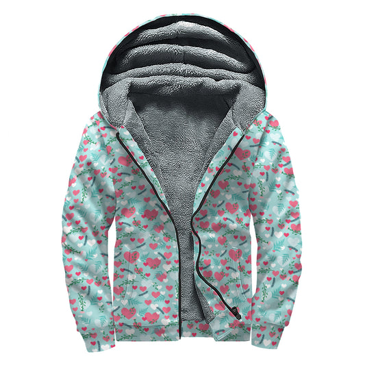 Valentine's Day Heart And Flower Print Sherpa Lined Zip Up Hoodie