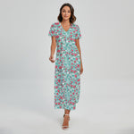Valentine's Day Heart And Flower Print Short Sleeve Maxi Dress