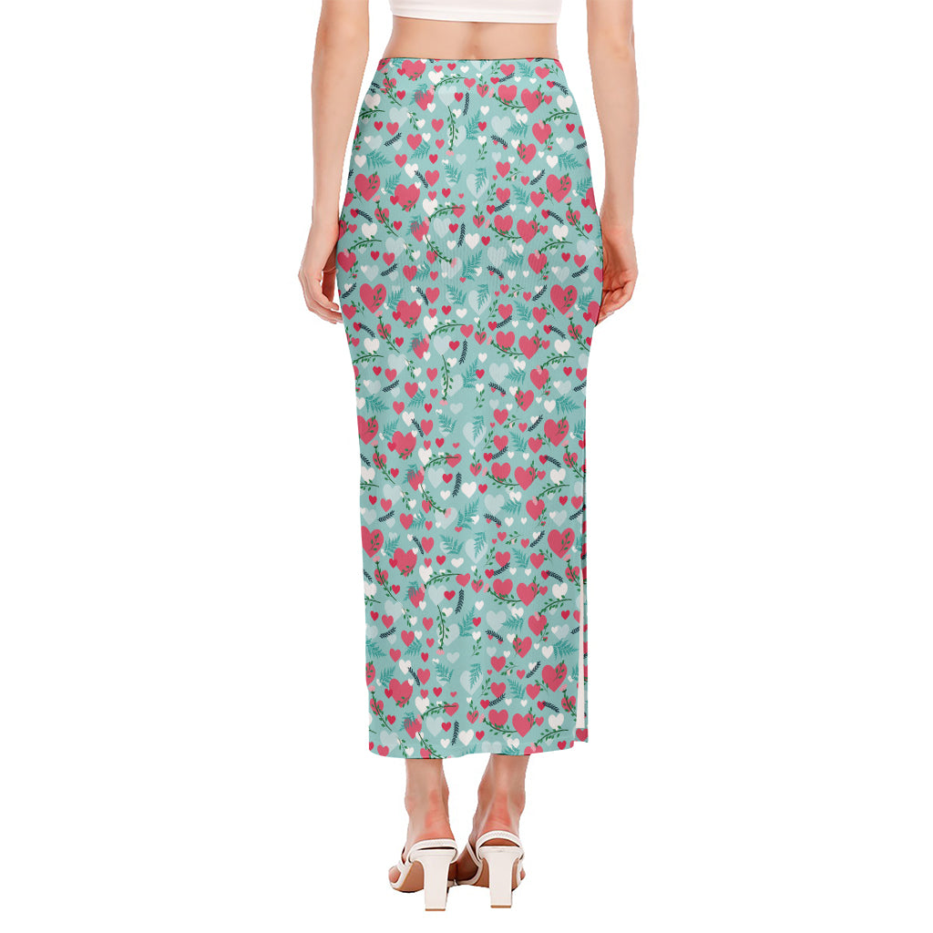 Valentine's Day Heart And Flower Print Side Slit Maxi Skirt