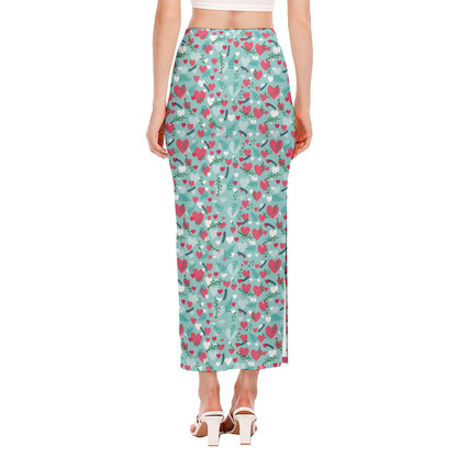 Valentine's Day Heart And Flower Print Side Slit Maxi Skirt