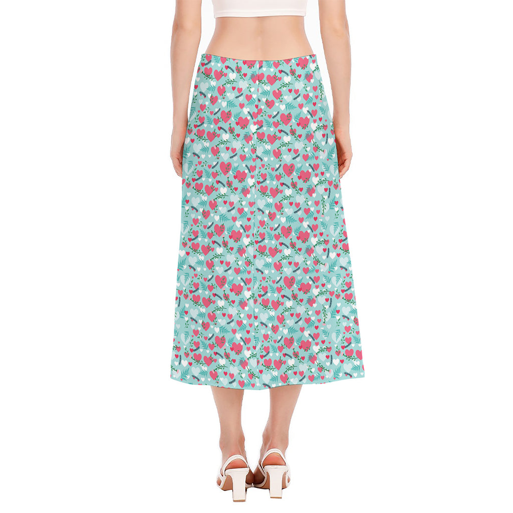 Valentine's Day Heart And Flower Print Side Slit Midi Skirt