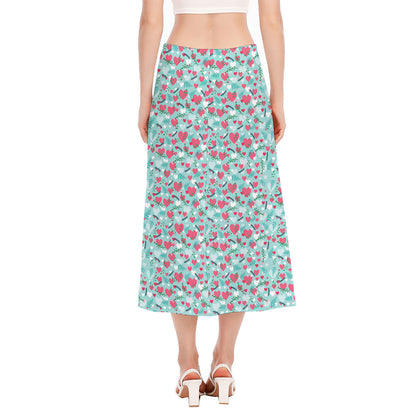Valentine's Day Heart And Flower Print Side Slit Midi Skirt