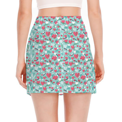 Valentine's Day Heart And Flower Print Side Slit Mini Skirt