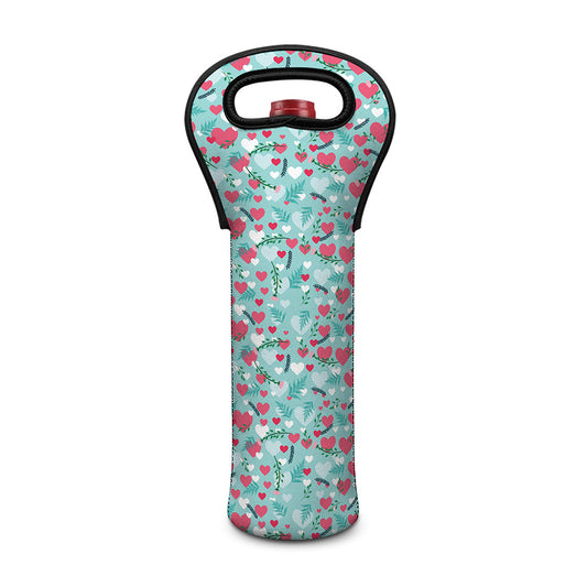 Valentine's Day Heart And Flower Print Single Neoprene Wine Tote
