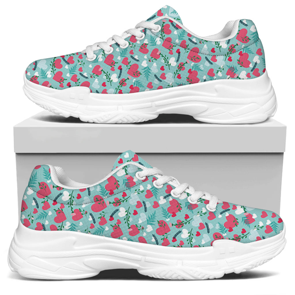 Valentine's Day Heart And Flower Print White Chunky Shoes