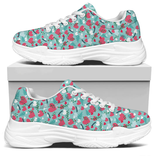Valentine's Day Heart And Flower Print White Chunky Shoes