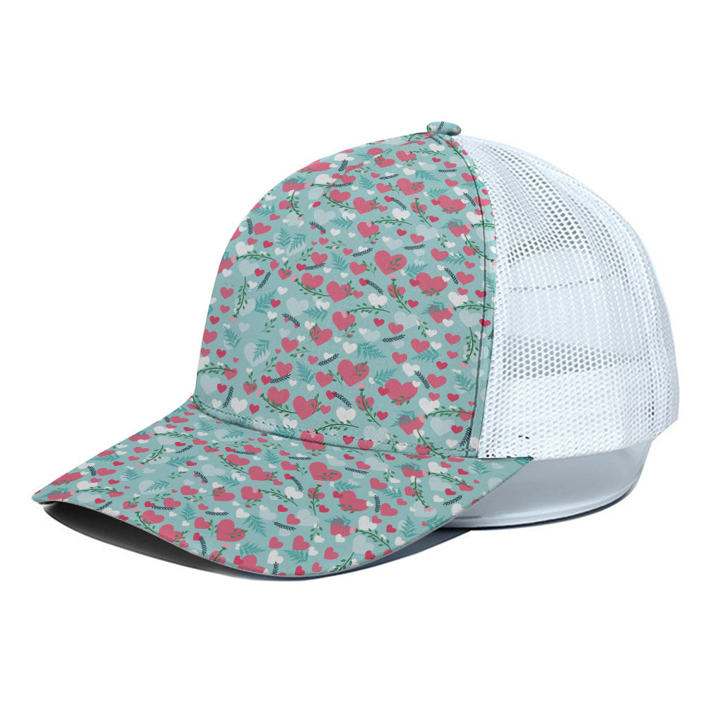 Valentine's Day Heart And Flower Print White Mesh Trucker Cap