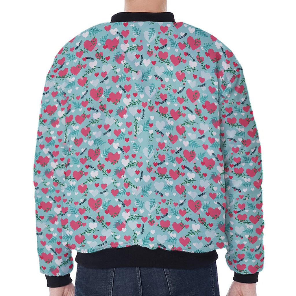 Valentine's Day Heart And Flower Print Zip Sleeve Bomber Jacket