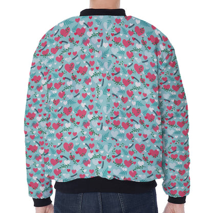 Valentine's Day Heart And Flower Print Zip Sleeve Bomber Jacket
