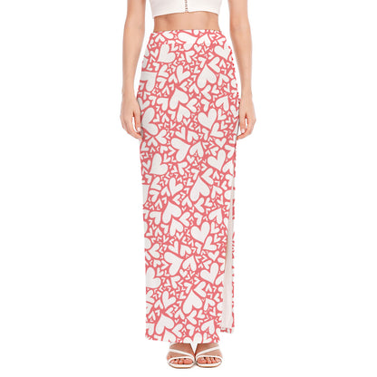 Valentine's Day Heart Pattern Print High Slit Maxi Skirt