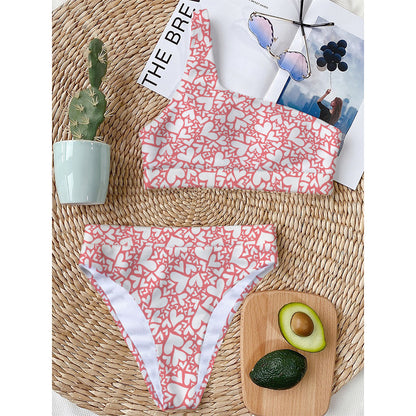 Valentine's Day Heart Pattern Print One Shoulder Bikini Top