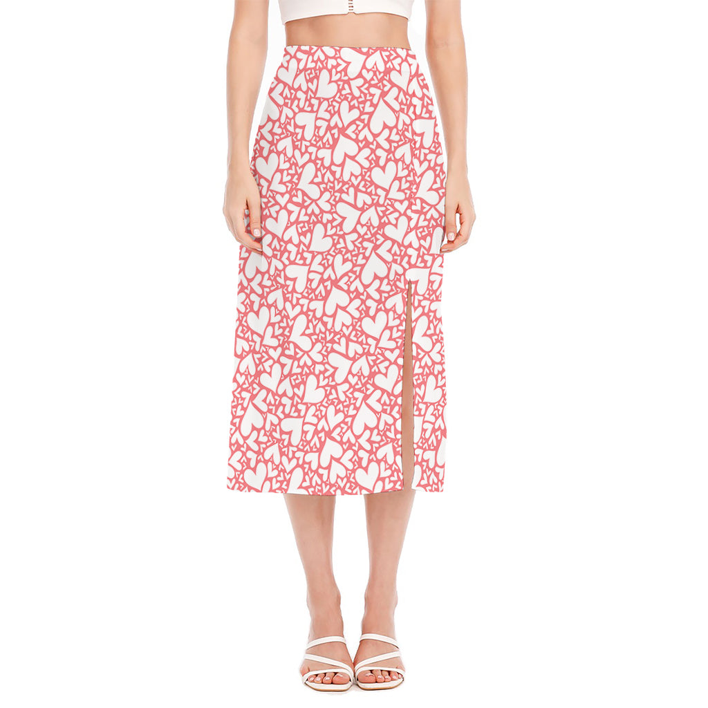Valentine's Day Heart Pattern Print Side Slit Midi Skirt