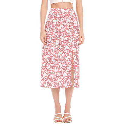 Valentine's Day Heart Pattern Print Side Slit Midi Skirt