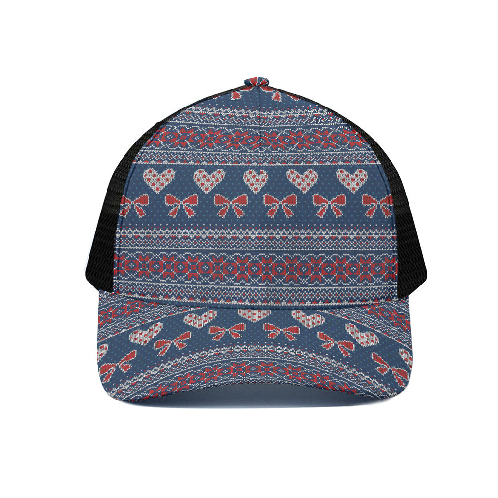 Valentine's Day Knitted Pattern Print Black Mesh Trucker Cap