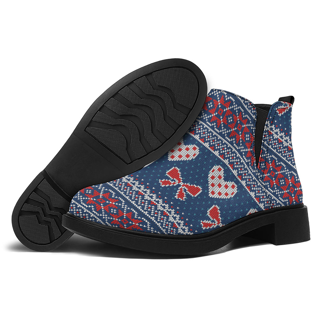 Valentine's Day Knitted Pattern Print Flat Ankle Boots