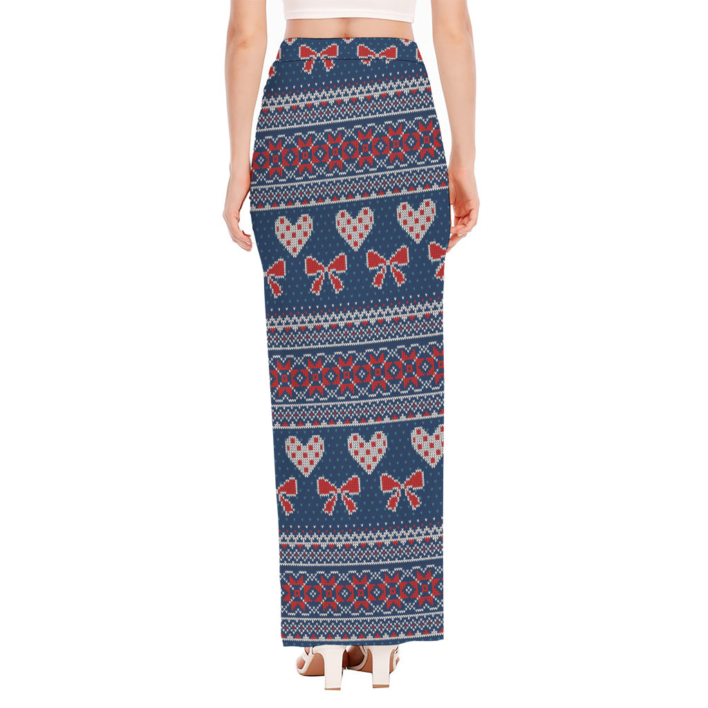 Valentine's Day Knitted Pattern Print High Slit Maxi Skirt