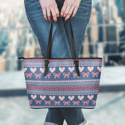 Valentine's Day Knitted Pattern Print Leather Tote Bag