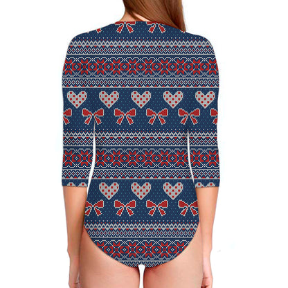 Valentine's Day Knitted Pattern Print Long Sleeve Swimsuit