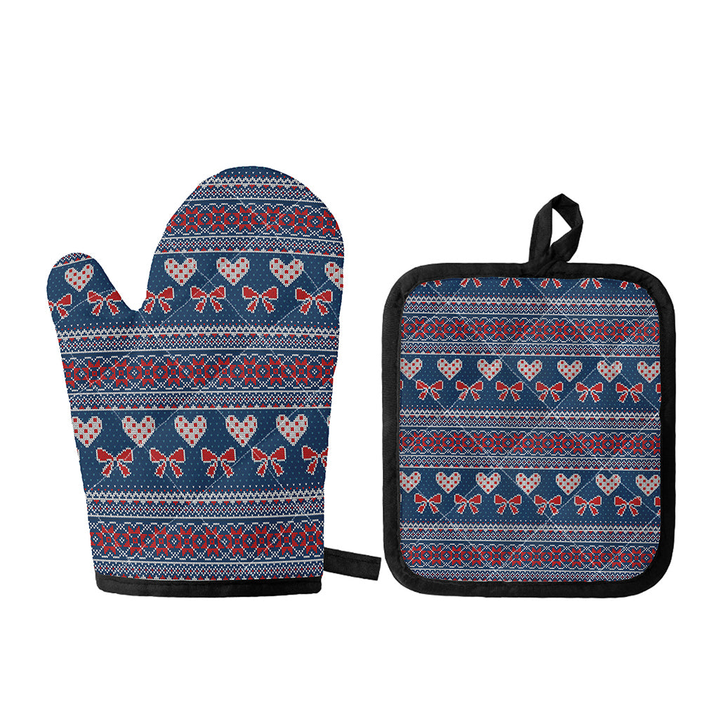 Valentine's Day Knitted Pattern Print Oven Mitt And Pot Holder Set