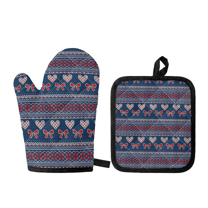 Valentine's Day Knitted Pattern Print Oven Mitt And Pot Holder Set
