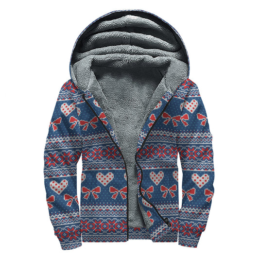 Valentine's Day Knitted Pattern Print Sherpa Lined Zip Up Hoodie