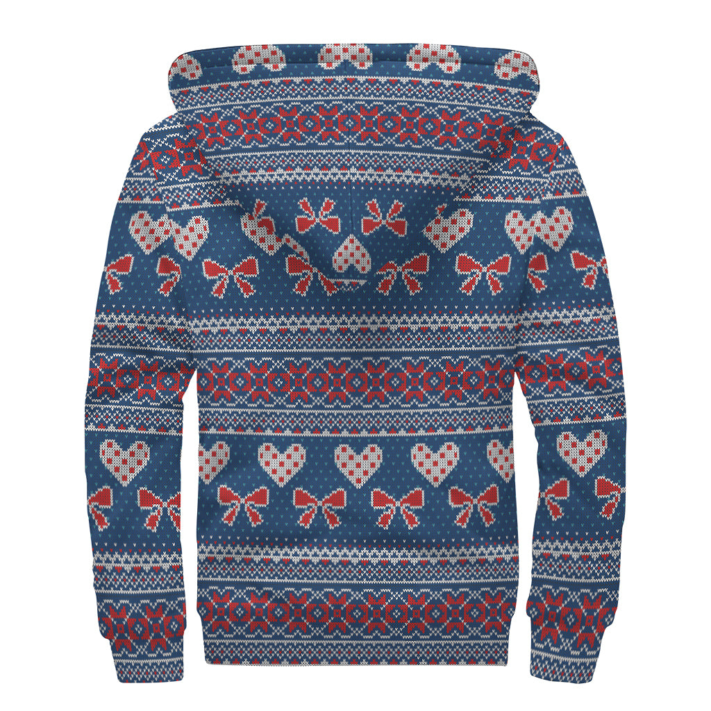 Valentine's Day Knitted Pattern Print Sherpa Lined Zip Up Hoodie