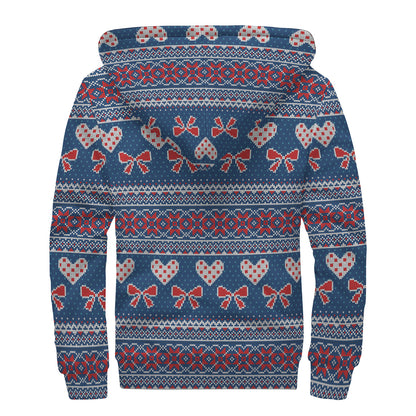 Valentine's Day Knitted Pattern Print Sherpa Lined Zip Up Hoodie