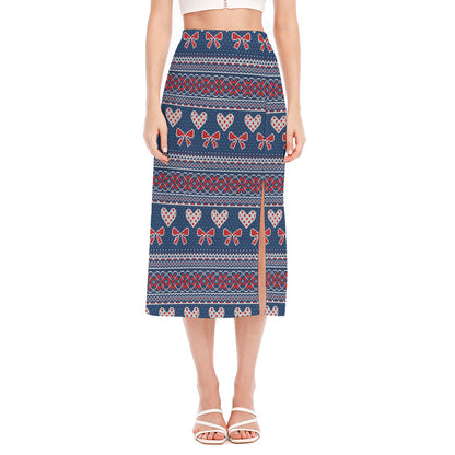 Valentine's Day Knitted Pattern Print Side Slit Midi Skirt