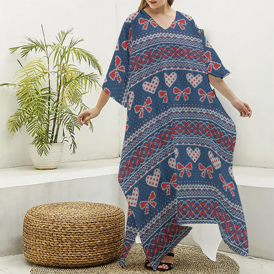 Valentine's Day Knitted Pattern Print Silk V-Neck Kaftan Dress