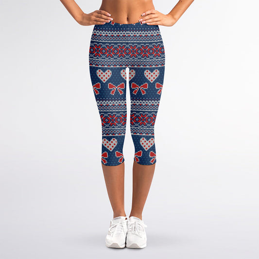Valentine's Day Knitted Pattern Print Women's Capri Leggings