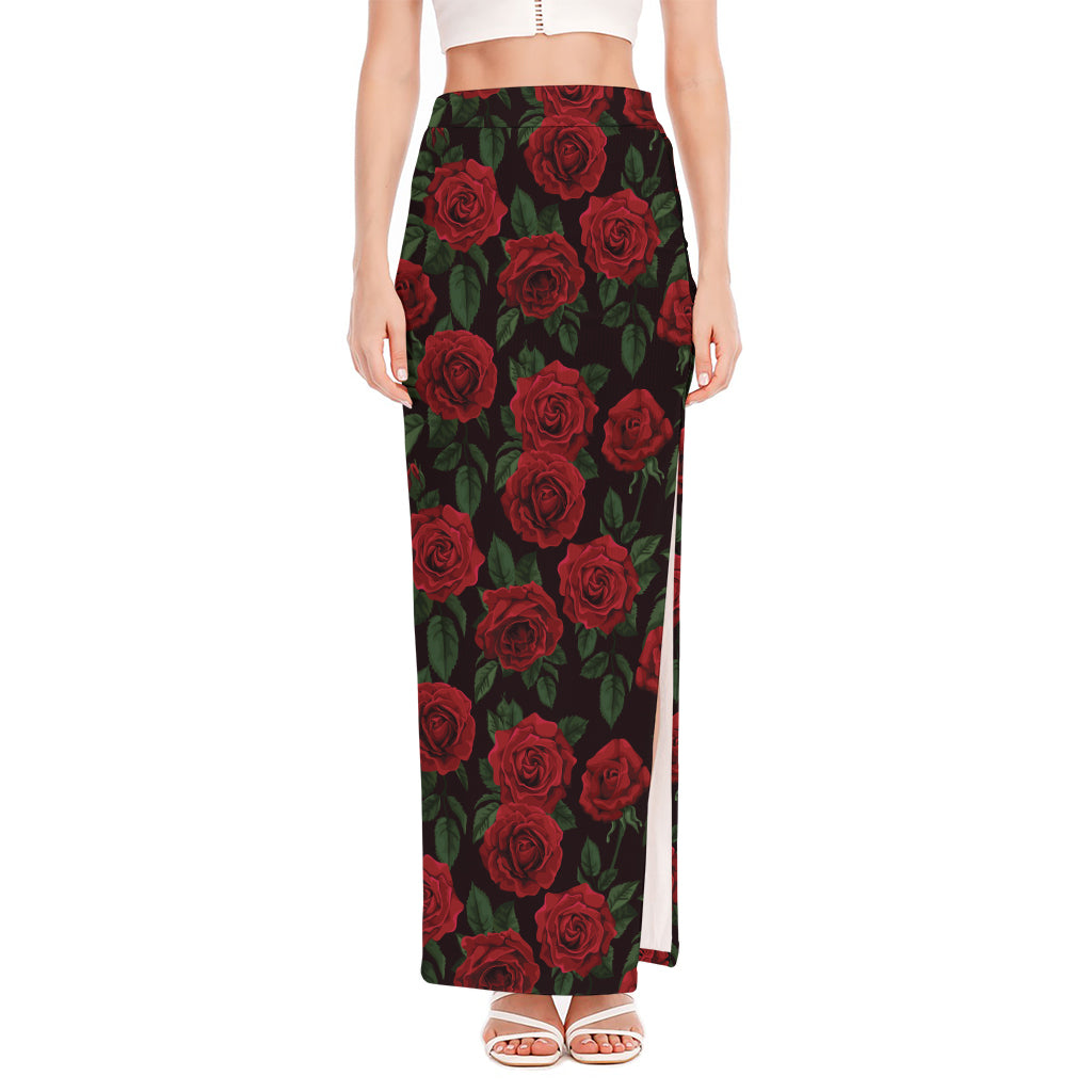 Valentine's Day Rose Pattern Print High Slit Maxi Skirt
