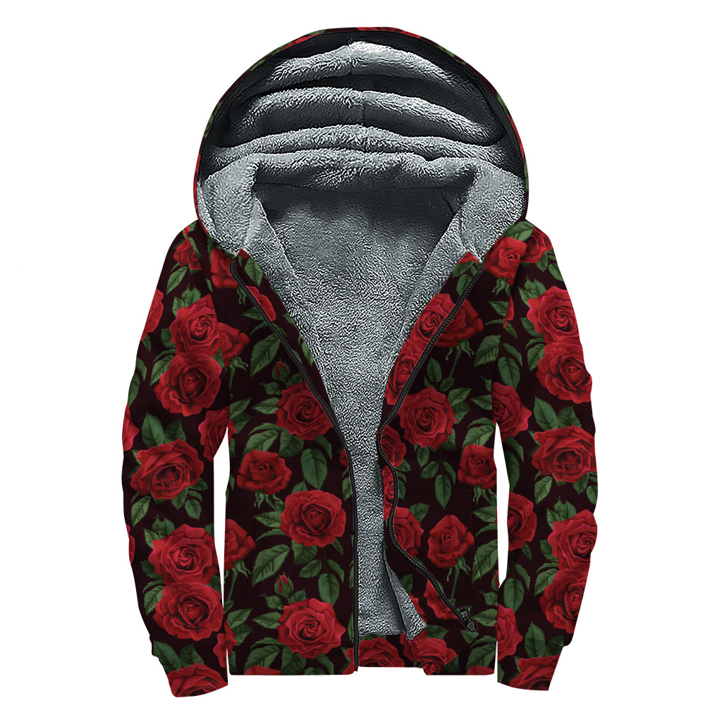 Valentine's Day Rose Pattern Print Sherpa Lined Zip Up Hoodie