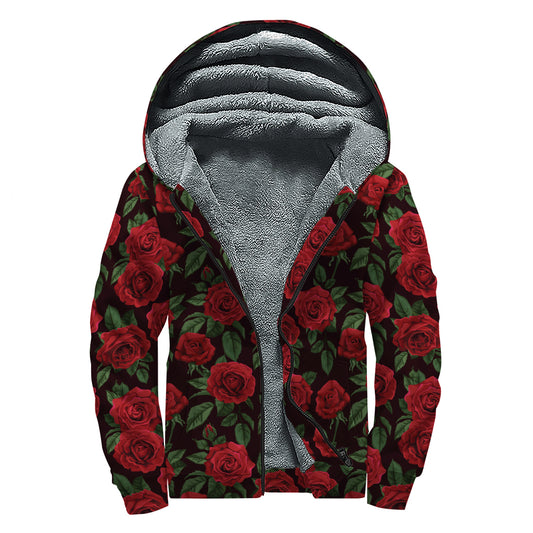 Valentine's Day Rose Pattern Print Sherpa Lined Zip Up Hoodie
