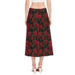 Valentine's Day Rose Pattern Print Side Slit Midi Skirt