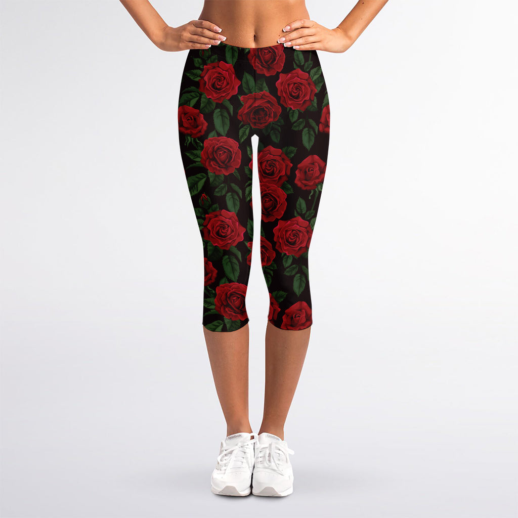 Valentine's Day Rose Pattern Print Women's Capri Leggings