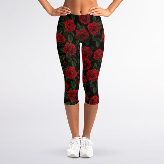 Valentine's Day Rose Pattern Print Women's Capri Leggings